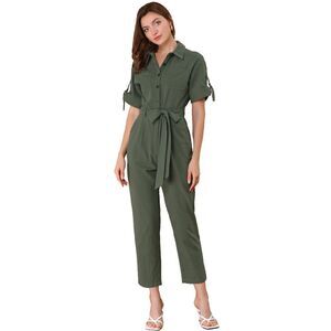 Short Sleeve Collared Cropped Button Down Tie Waist Cotton Cargo Jumpsuit Green